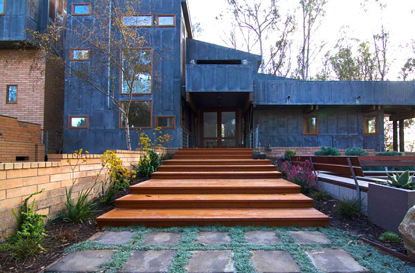 Modern landscaping near steps in a modern yard