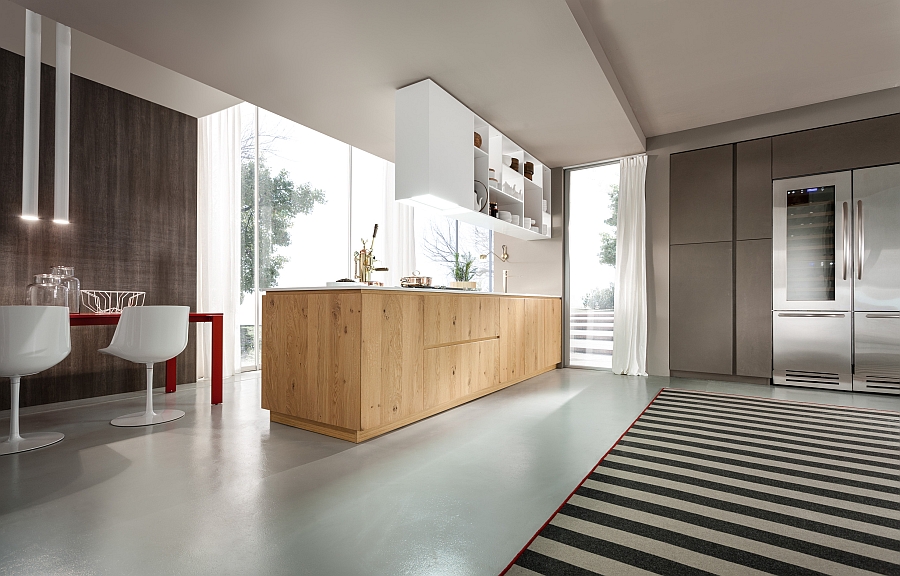 Natural wood coupled with glossy matt surfaces in the kitchen