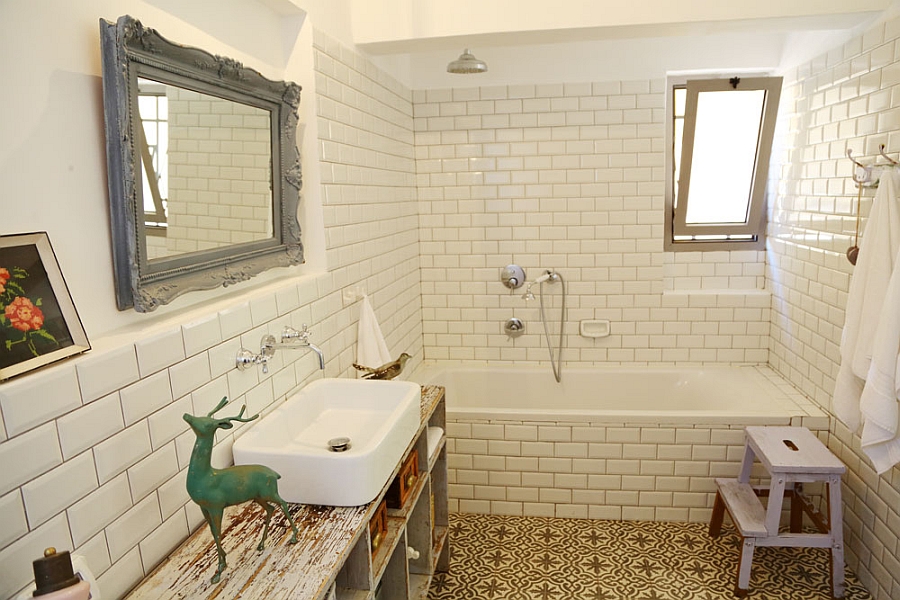 Old shelf in wood acts as bathroom vanity