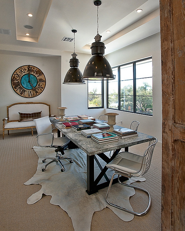 Oversized clock along with giant pendants in the home office