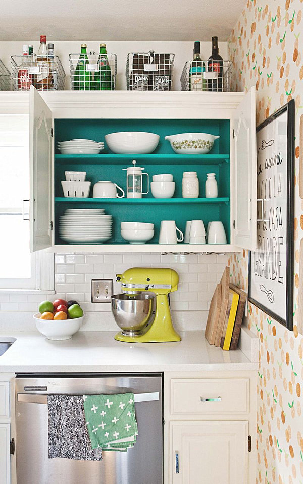 Painted cabinet interior from the kitchen of A Beautiful Mess blogger Elsie Larson