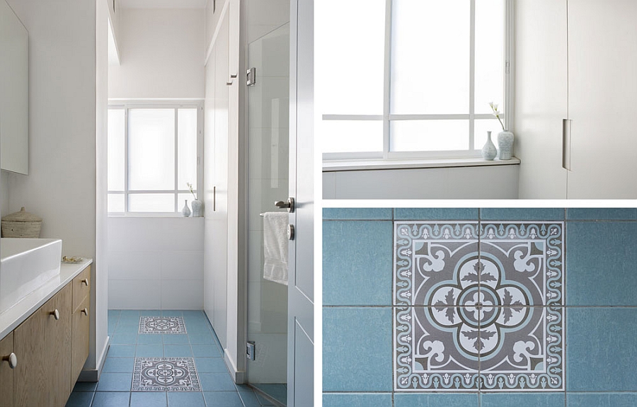 Painted tiles and floating cabinets in the bathroom