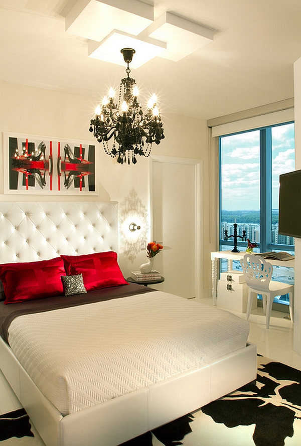 Palette of black, white, and red in the stunning Miami bedroom