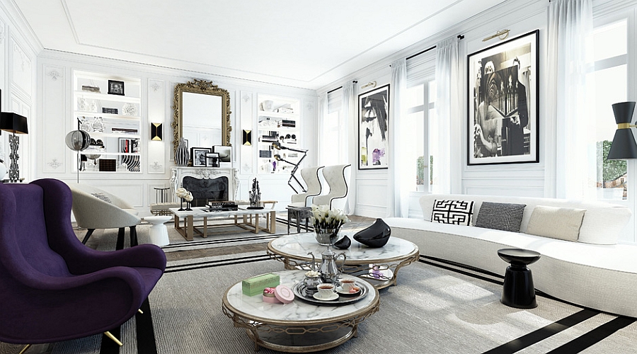 Plush purple accent in the monochromatic living room