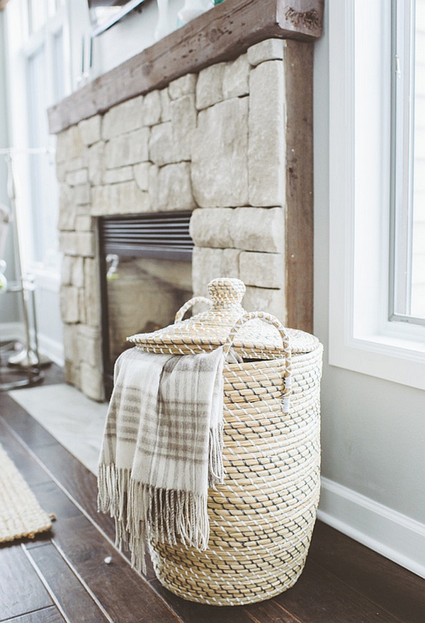 Recliamed dark wood boards around the mantle