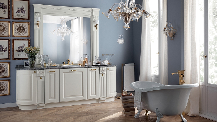 Retro styled standalone tub in the bathroom with gold accents