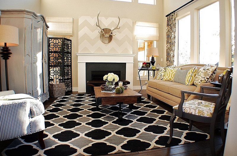 Rustic chic living room with a subtle chevron pattern above the fireplace