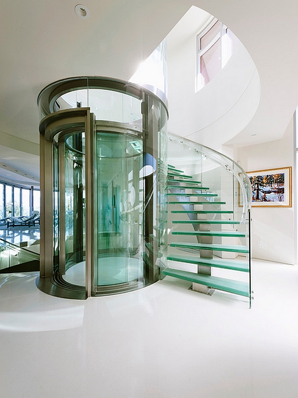 Sizzling glass elevator and staircase