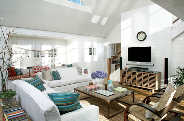 Slatted media console in a spacious living room