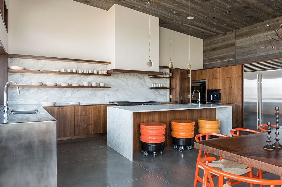 Sleek floating shelves in the stylish kitchen