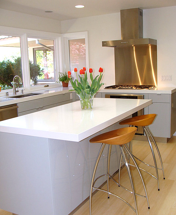 Stainless steel backsplash in an all-white kitchen