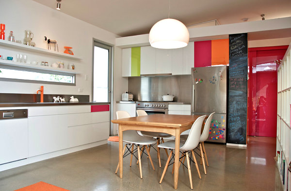 Stainless steel cabinetry in a colorful modern kitchen