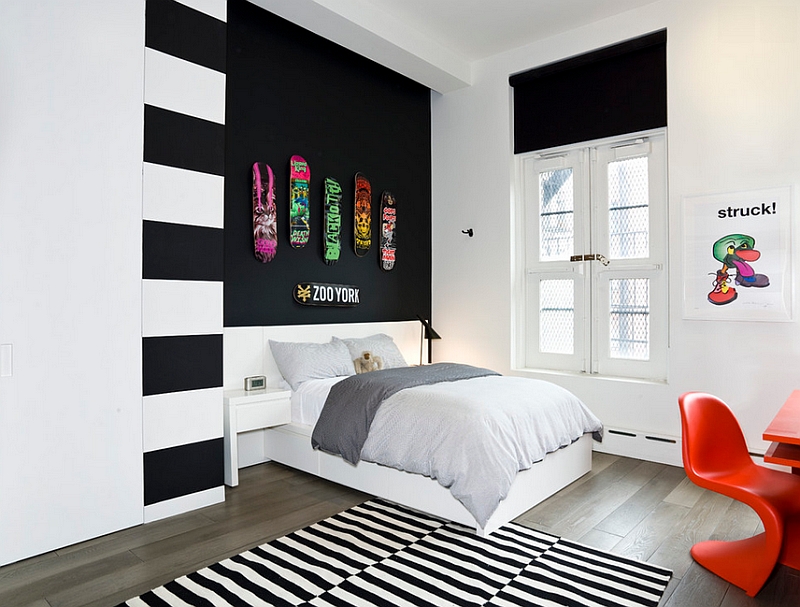 Teen bedroom in black and white with Panton Chair in Orange