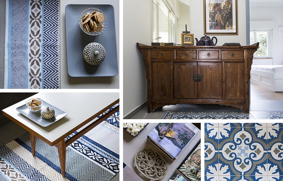 Tiles, rugs and accessories in grey, white and blue