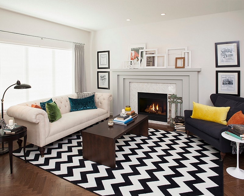 Transitional living room with a chevron pattern rug