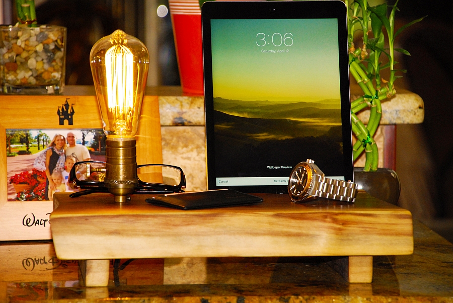 Use the stylish wooden docking station at the entryway