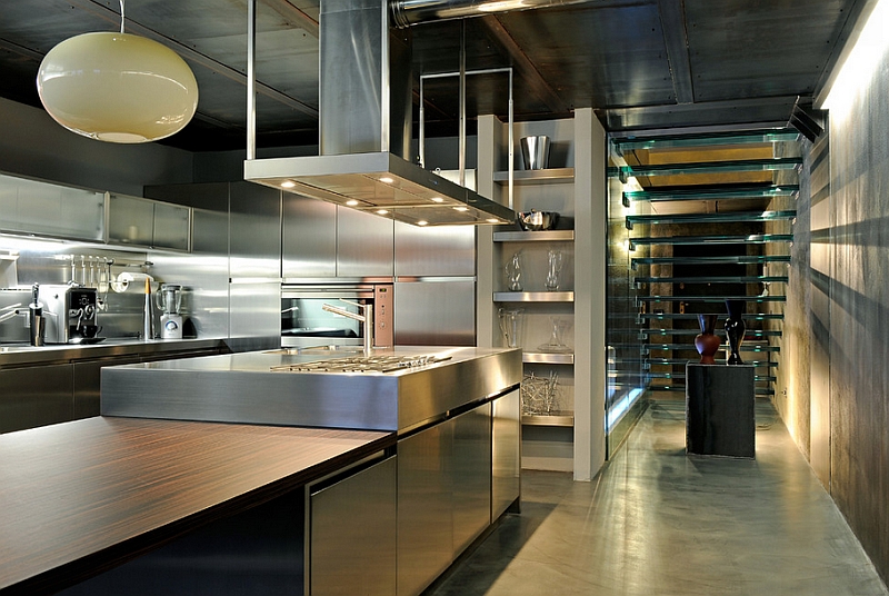 View of the glass stairway from the industrial kitchen