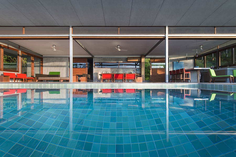 View of the living area from the edge of the pool