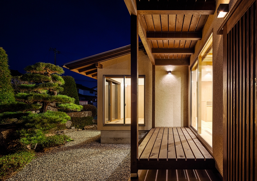 View of the small garden outside at night