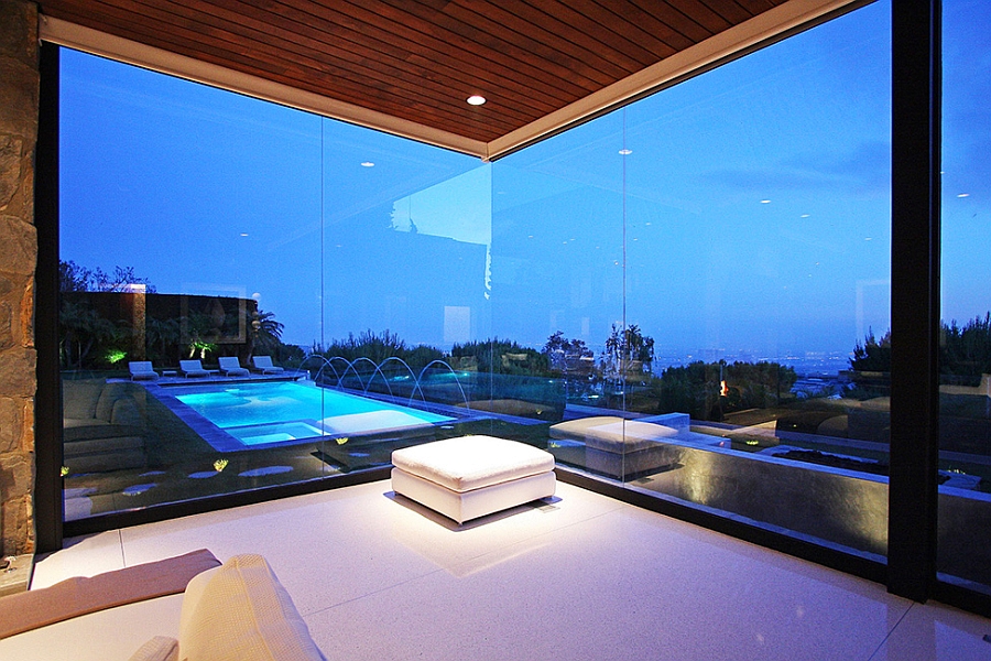 View of the terrace and the pool from the house