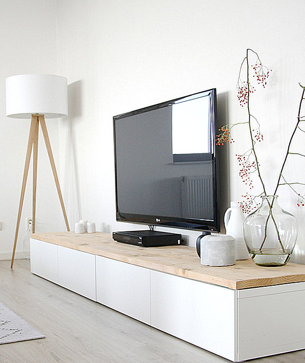 White media console with a wooden top