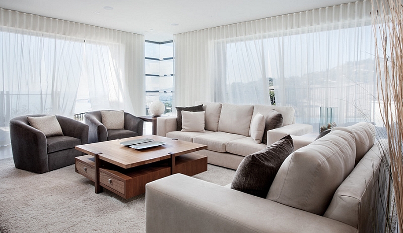 living room with sheer curtains