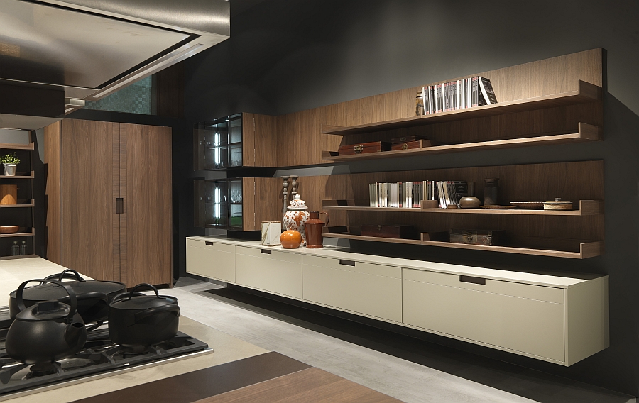 Wooden backdrop, floating shelves and cabinets in the rustic Arts and Crafts kitchen