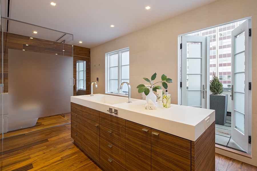 Wooden island with a white countertop