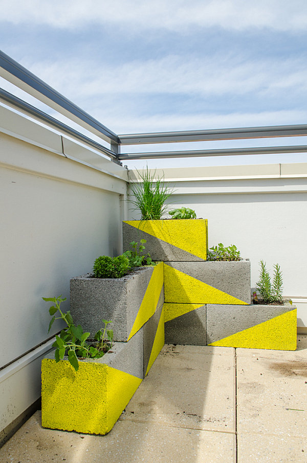 Yellow cinder block planter