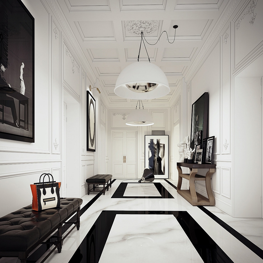 large pendant lights illuminate the gorgeous hallway