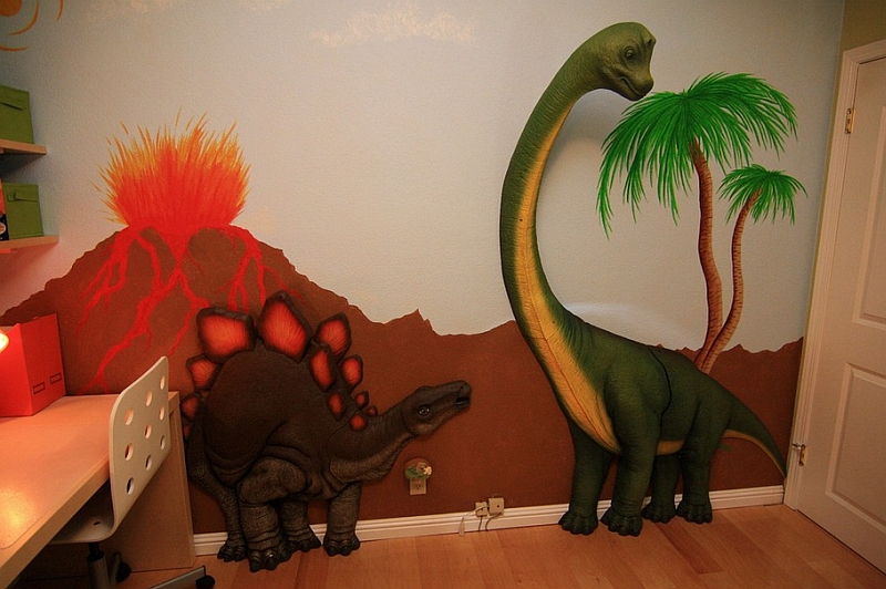 Kids Bedrooms With Dinosaur Themed Wall Art And Murals