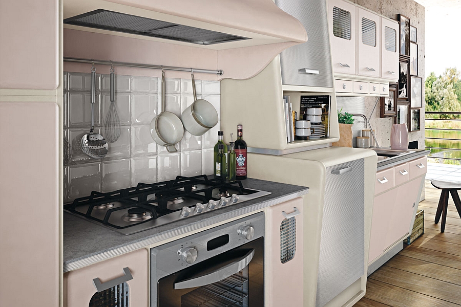 A pot hanger above the stove area and a simple tile backsplash