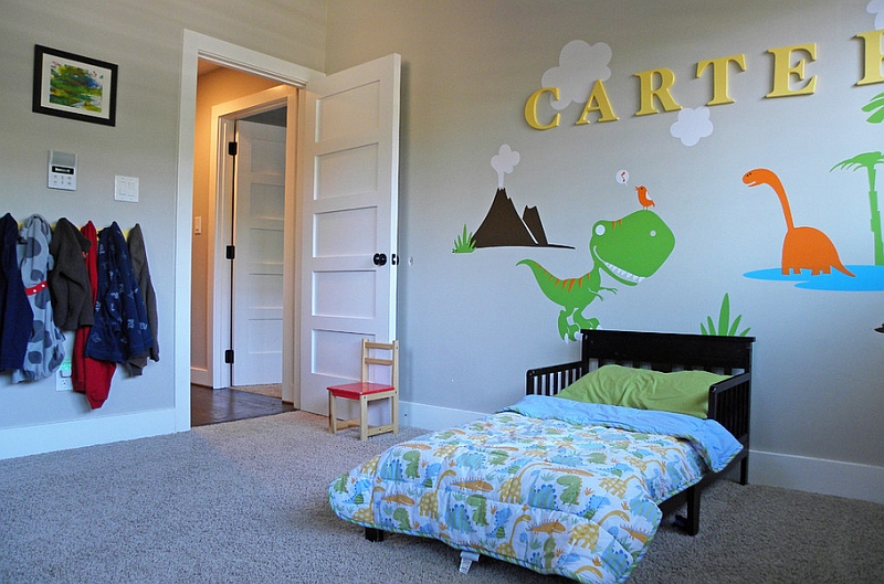 kids bedrooms with dinosaur themed wall art and murals