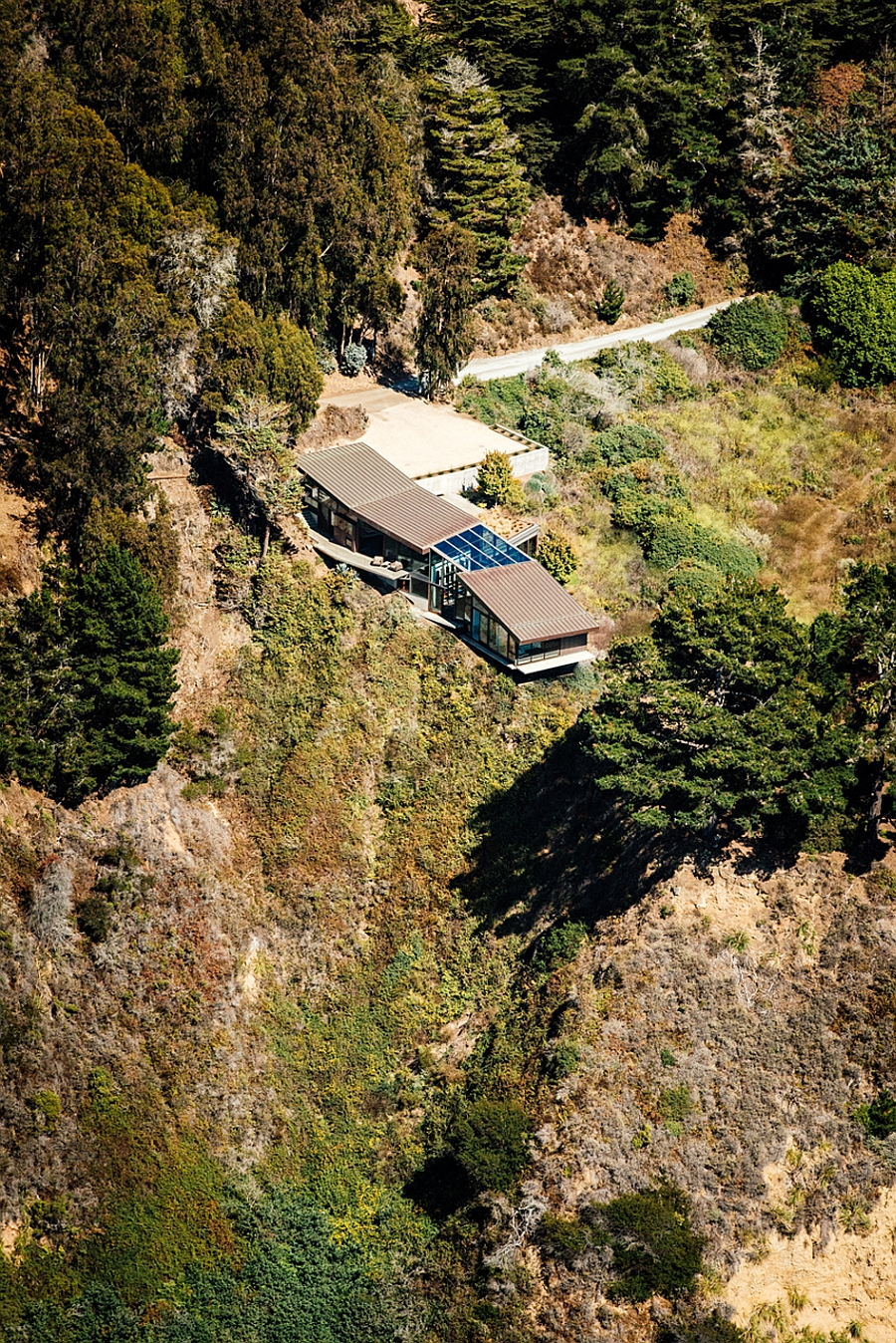 Aerial view of the Buck Creek House in Big Sur, California