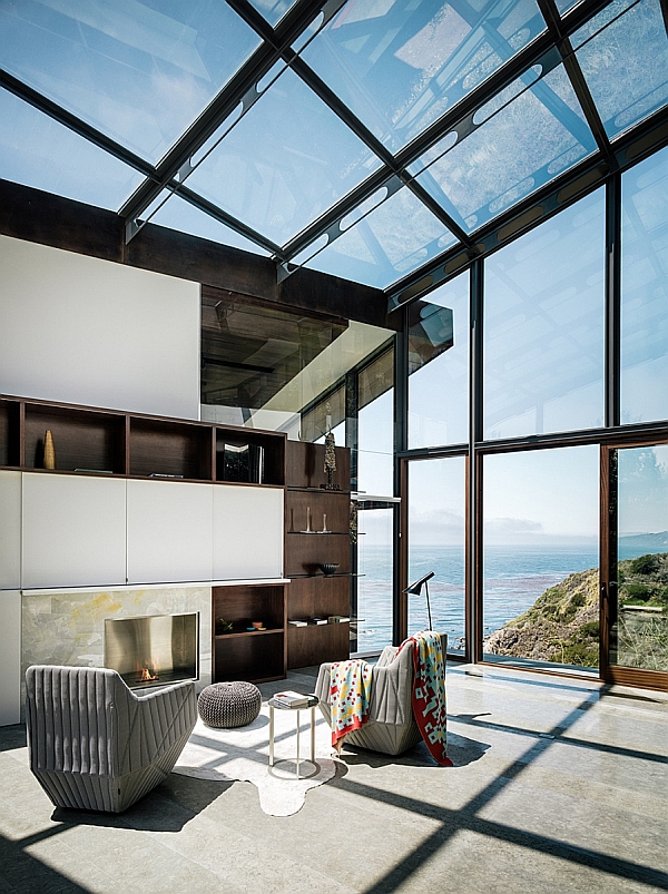 All glass library of the Buck Creek House with Pacific Views