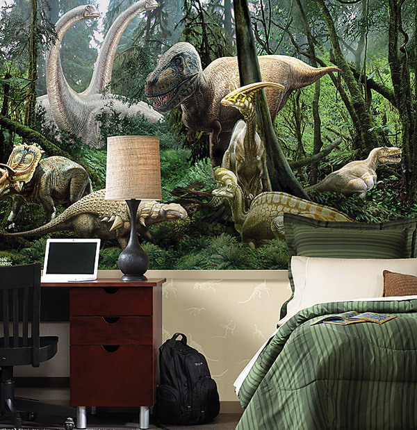 Amazing bedroom brings alive the Jurassic age with the Dinosaur themed wall art