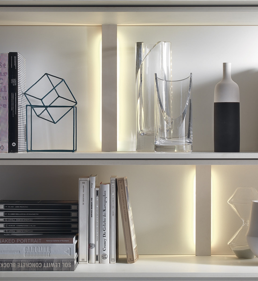 Ample shelf space with built-in lighting in the smart wall unit system