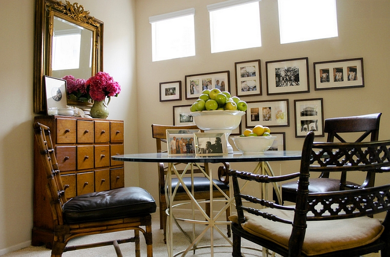 Apothecary chest in the dining area serves as the perfect side table