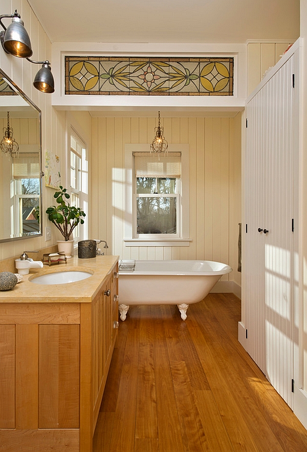 Bathroom with farmhouse style and wooden flooring