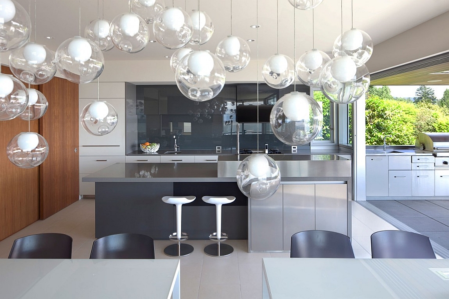 Beautiful pendant lights above the dining space