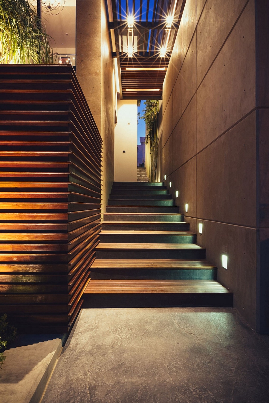 Beautifully lit pathway inside the Mexican house