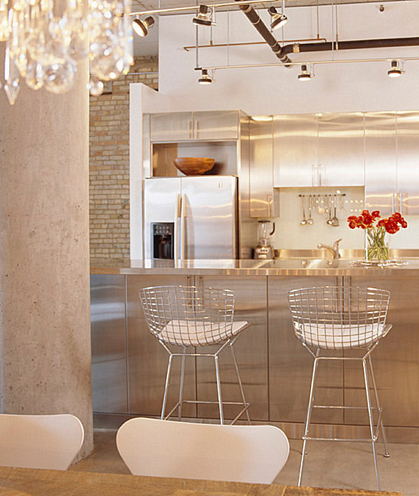 Bright kitchen with a stainless steel island