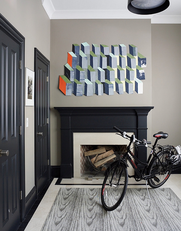 Casually placed bicycle complements the color scheme of the room