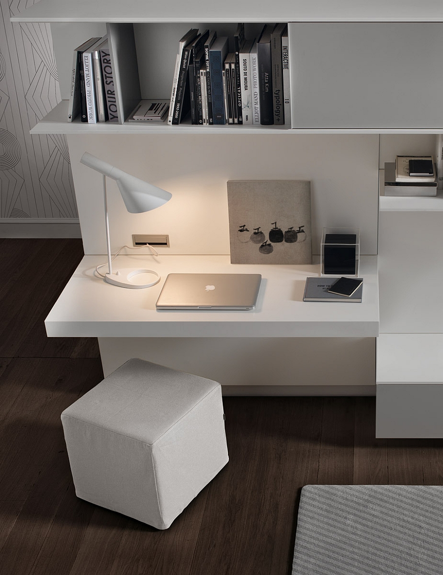 Chic workspace with a built-in desk and cube ottoman for the living room