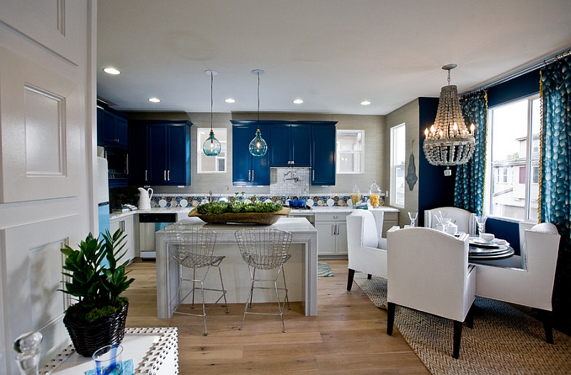 Classy blue and white kitchen and dining space