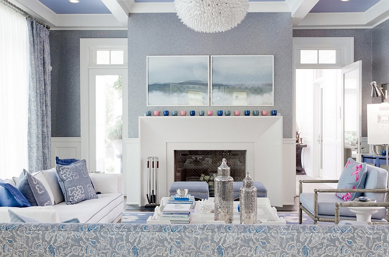 Classy contemporary living room uses subtle shades of blue with white