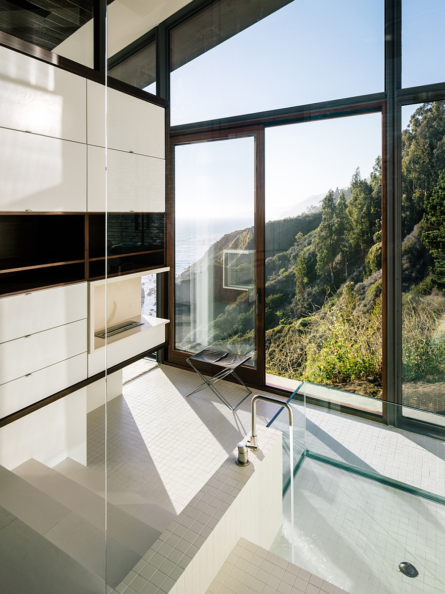 Contemporary bath in white with large glass windows