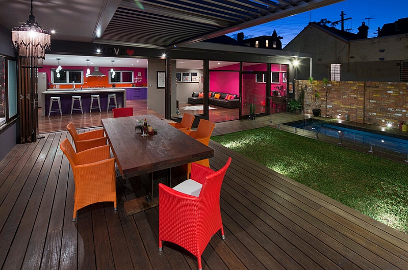 Contemporary deck with colorful decor