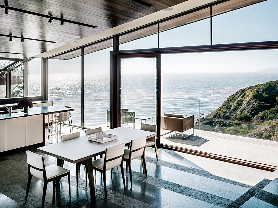 Contemporary kitchen and dining area overlooking the Pacific Ocean