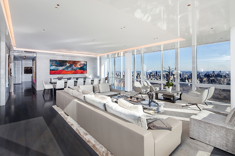 Contemporary living room with views of Lond Island and Statue of Liberty in the distance